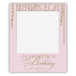 polaroid selfie sign - birthday - cascading vines in gold and pink