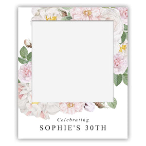 birthday polaroid selfie sign white and pink peonie and rose flowers
