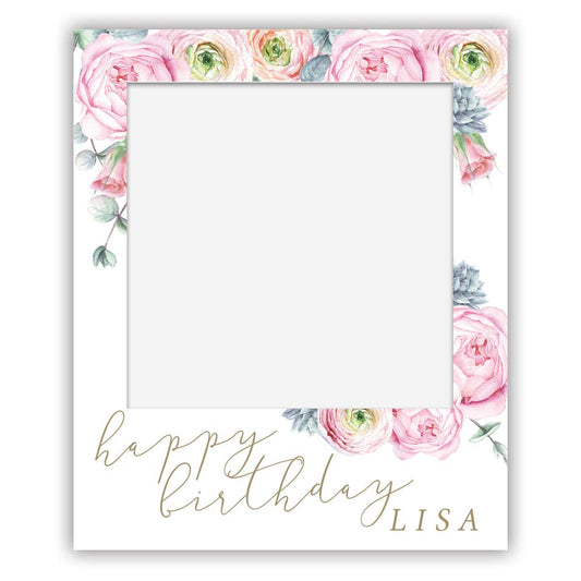 polaroid selfie sign happy birthday - pink peonie gold flowers