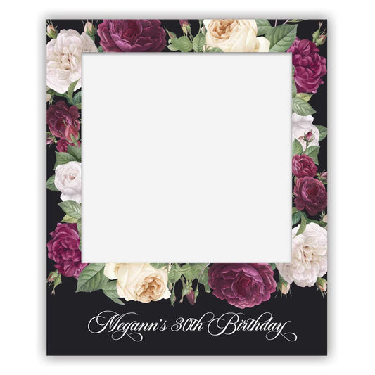 birthday polaroid selfie sign with burgundy and white peonie roses