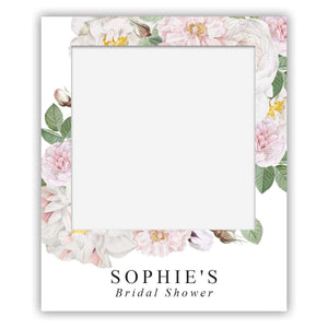bridal shower polaroid selfie sign white and pink peonie and rose flowers