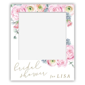 polaroid selfie sign bridal shower - pink peonie gold flowers
