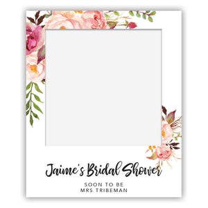 bridal shower polaroid selfie sign pink and burgundy peonie flowers