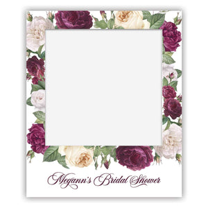bridal shower polaroid selfie sign with burgundy and white peonie roses