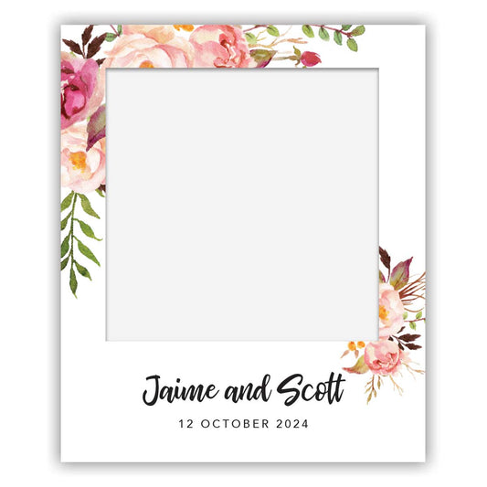 wedding engagement polaroid selfie sign pink and burgundy peonie flowers