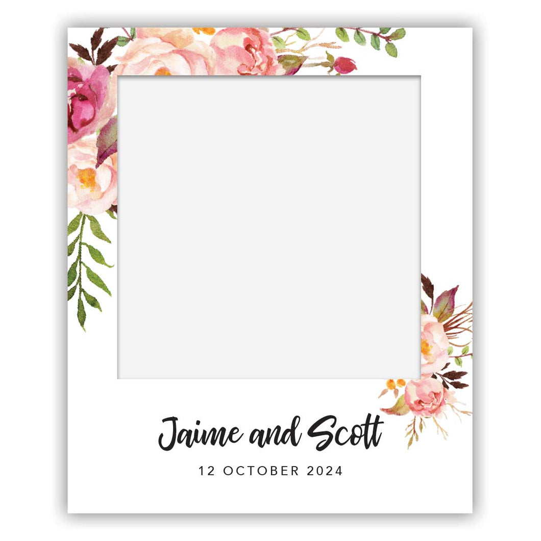 wedding engagement polaroid selfie sign pink and burgundy peonie flowers