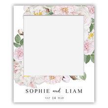 wedding polaroid selfie sign white and pink peonie and rose flowers