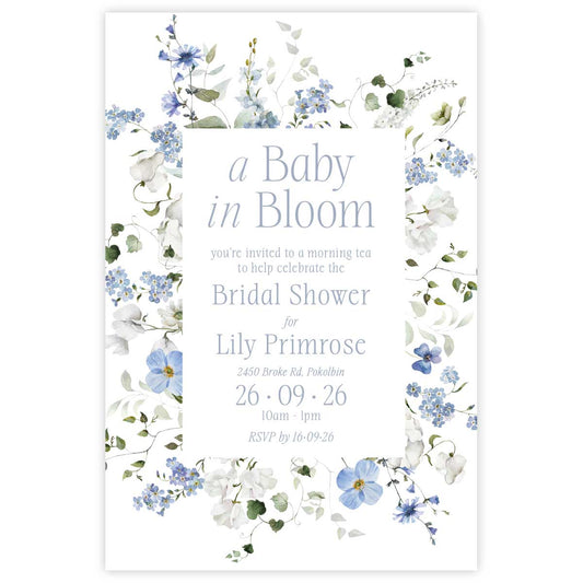 Baby shower invitation with Primrose Spring floral design featuring 'a baby in bloom'