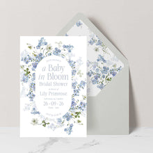 Baby shower invitation with Primrose Spring floral design featuring 'a baby in bloom' grey envelope with floral liner