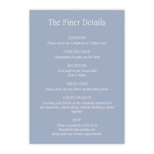 Wedding invitation card with text on a light blue background