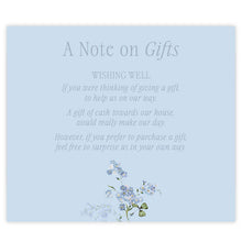 Wishing Well Cards - Note on gifts with floral design on a light blue background, primrose spring wedding invitation design