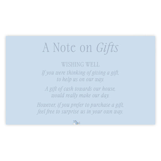 Wishing Well Cards - Note on gifts with floral design on a light blue background, primrose spring wedding invitation design