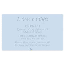 Wishing Well Cards - Note on gifts with floral design on a light blue background, primrose spring wedding invitation design