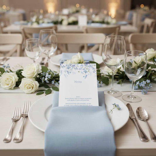 Elegant table setting with dusty blue napki, floral arrangements, wine glasses, and a menu card from the primrose spring collection.