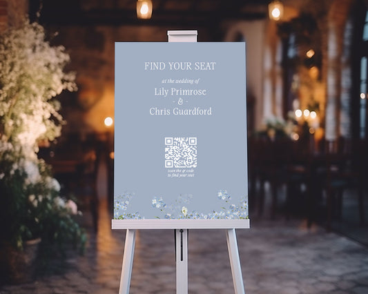Wedding invitation with QR code for seating arrangement on a light blue background with floral elements Primrose Spring Collection.