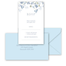 Wedding RSVP card with floral design on a light blue background, featuring light blue return envelope