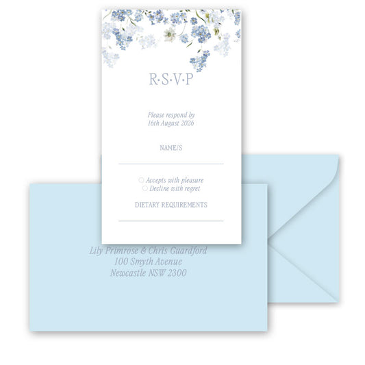 Primrose Spring RSVP Card featuring blue and white flowers with blue envelope