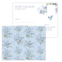 Primrose Spring RSVP Postcard featuring blue and white flowers with blue envelope