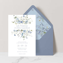 Primrose Spring Wedding Invitation suite, hand-painted botanicals in powder blue, soft white and fresh green gently frame the invitation, featuring a dusty blue envelope with matching floral liner