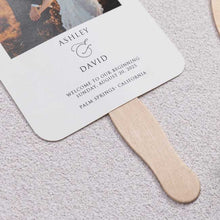 wedding program fan with couple photo and ceremony details wooden handle