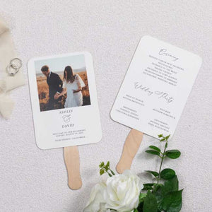 wedding program fan with couple photo and ceremony details