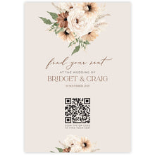qr code table seating sign featuring boho peonie floral bouquet