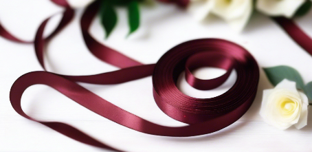 burgundy satin ribbon on spool on white table with white flowers