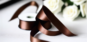 chocolate brown satin ribbon on spool on white table with white flowers