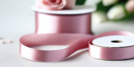 dusty pink satin ribbon on spool on white table with white flowers
