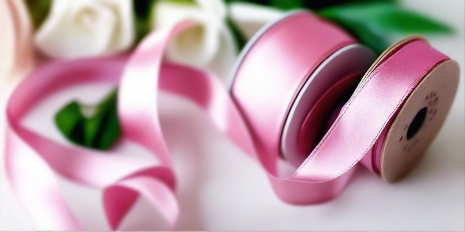pink satin ribbon on spool on white table with white flowers