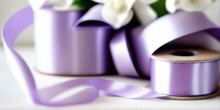 lilac satin ribbon on spool on white table with white flowers
