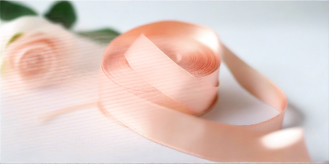 pastel peach satin ribbon on spool on white table with white flowers