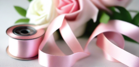light pink satin ribbon on spool on white table with white flowers