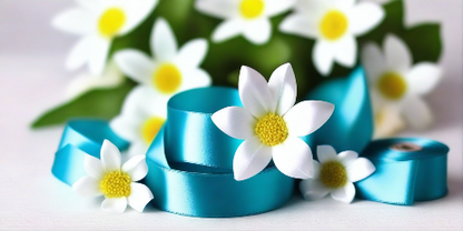 turqouise satin ribbon on spool on white table with white flowers