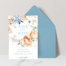 Bridgerton Lake Collection Save the Date Card featuring peach and blue vintage style florals, blue envelope