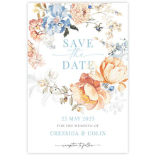 Bridgerton Lake Collection Save the Date Card featuring peach and blue vintage style florals
