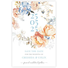 Bridgerton Lake Collection Save the Date Card featuring peach and blue vintage style florals with date