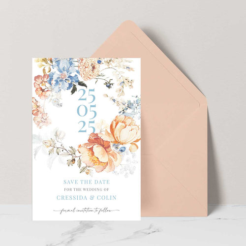 Bridgerton inspired floral vintage save the date card with date in floral wreath peach envelope
