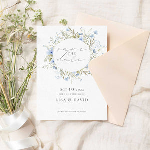 wild blooms blue save the date card cream envelope