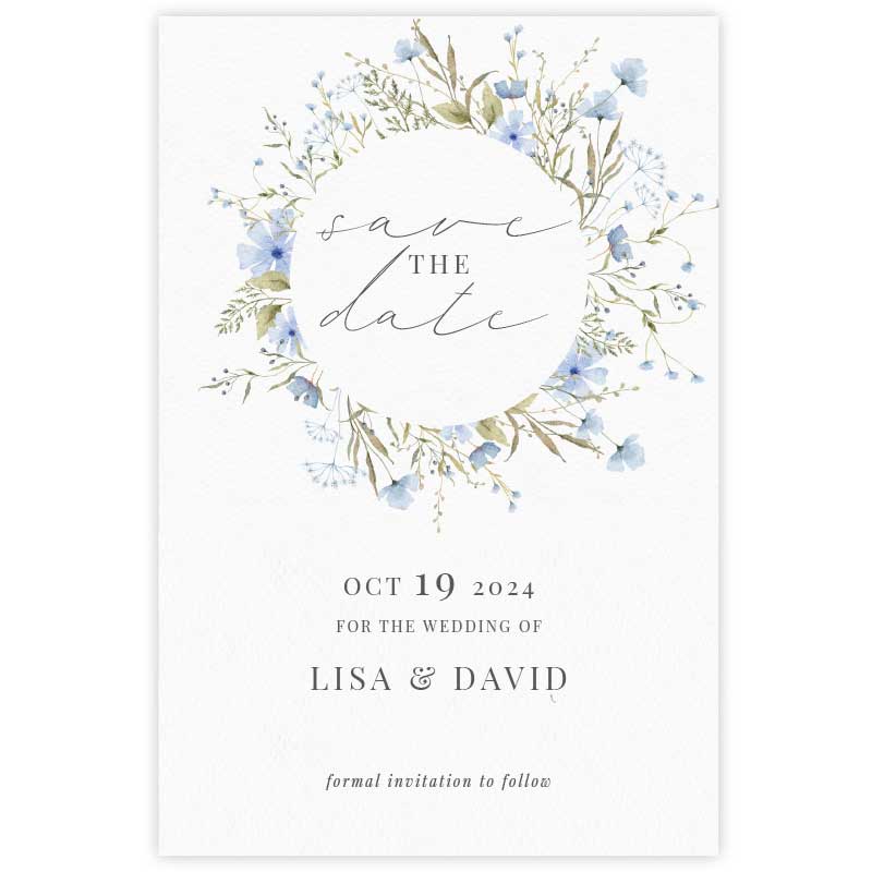 wild blooms blue save the date card