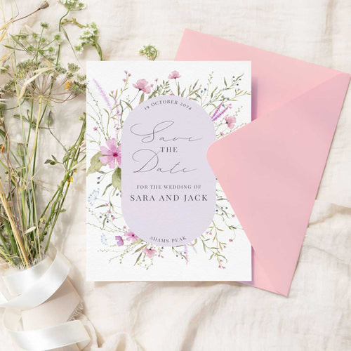 wild blooms pink save the date card pink envelope