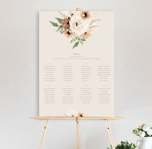 bohemian elegance bouquet of peonie and daisy flowers with leaves in autumn colours at top of table seating chart