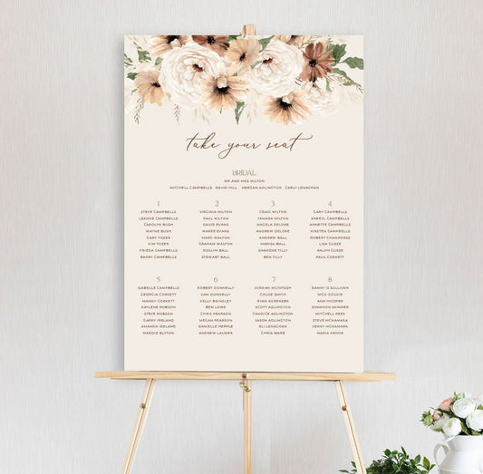 bohemian elegance garden of peonie and daisy flowers with leaves in autumn colours at top of table seating chart