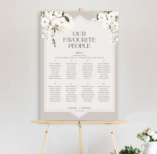 bohemian elegance bouquet of white orchids with dried palm leaves and green leaves surrounding a geometric border on table seating chart