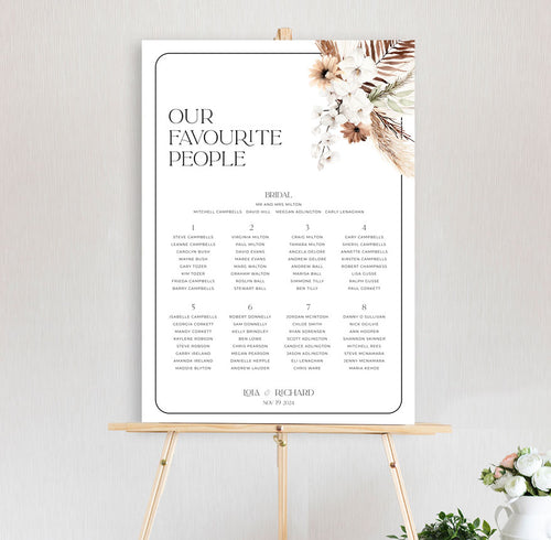 bohemian elegance bouquet of white orchids and daisy flowers pampass grass with leaves in autumn colours at top of table seating chart