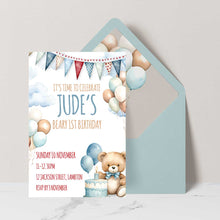 Birthday invitation card with teddy bear, balloons, and cake design on a white background.