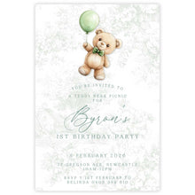 birthday welcome sign featuring teddy bear holding a sage green balloon with toile design