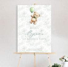 birthday welcome sign featuring teddy bear holding a sage green balloon with toile design on easel