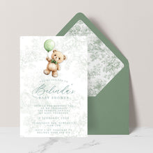 baby shower invitation featuring toile design with teddy bear holding a sage green balloon with sage green envelope and liner
