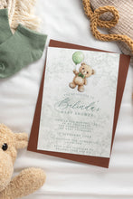 baby shower invitation featuring toile design with teddy bear holding a sage green balloon with terracotta envelope